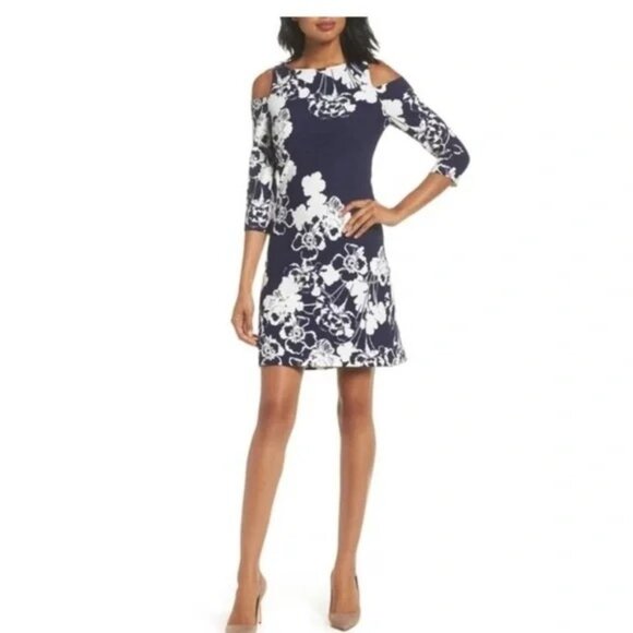 NWOT Jessica Howard Size 18 Navy & White Floral Cold Shoulder Dress Polyester - Picture 1 of 16